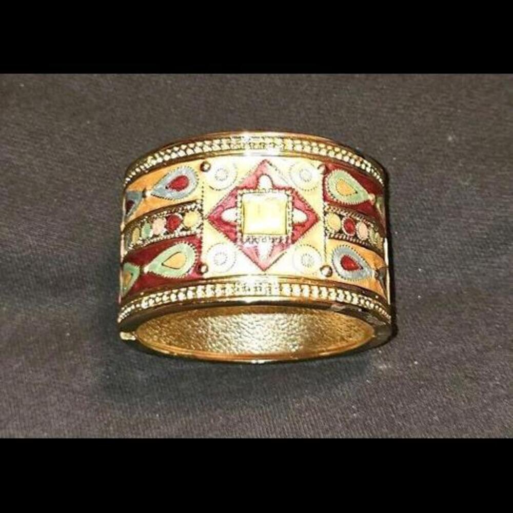 Vintage colorful enamel bracelet wide band  hinged gold Egyptian/Tibetin